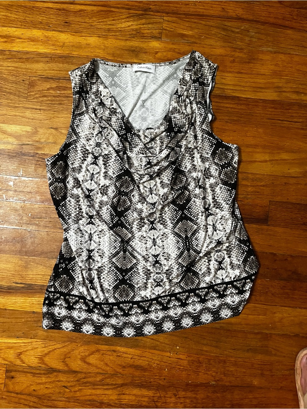 Calvin Klein Black & White Snake-Pattern Cowl Neck Tank